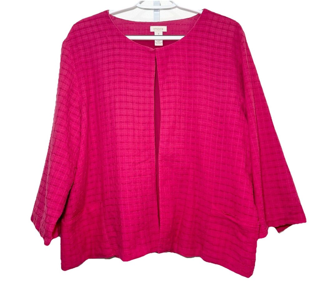 Chico’s Size XL (3) Pink Textured Open Front Jacket 3/4 Sleeve Career Layer